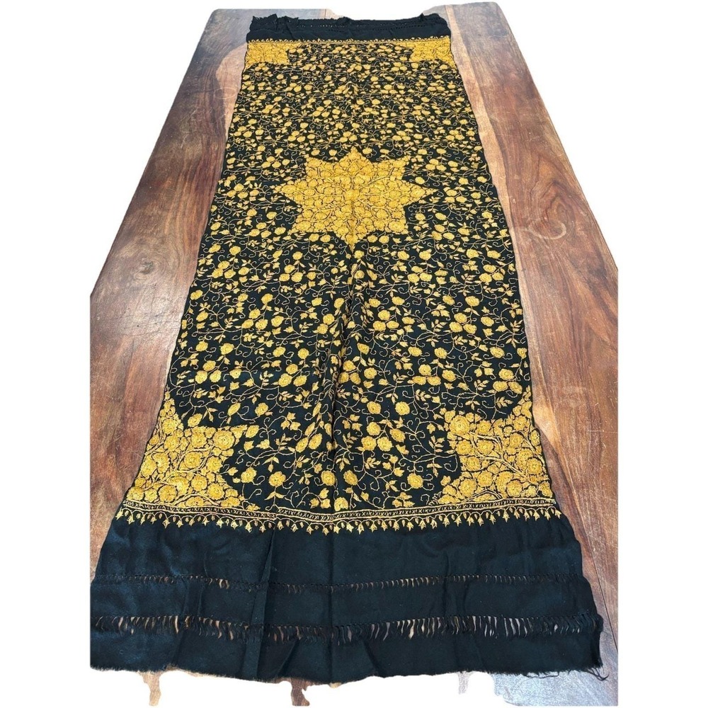 Black Silk Wool Scarf With Gold Star And Flowers Hand Embroidered In India 6X2ft